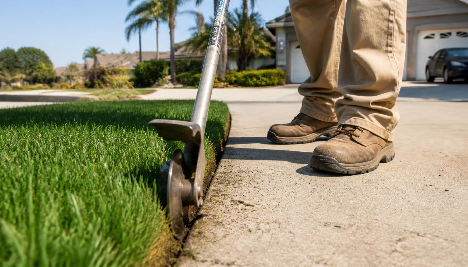 Blade edger cutting a crisp trench between green grass and a concrete driveway