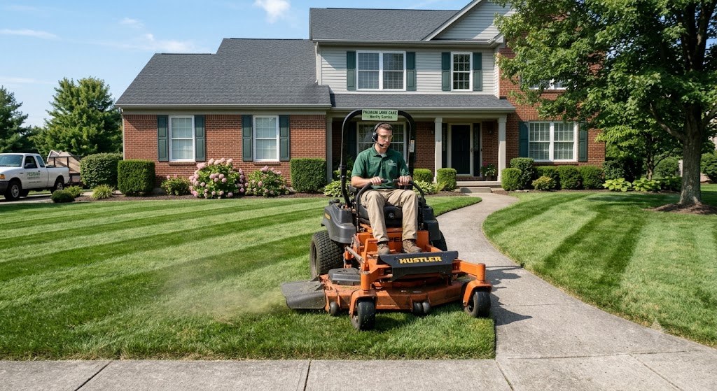 Zero-turn mower cutting a lawn during weekly service