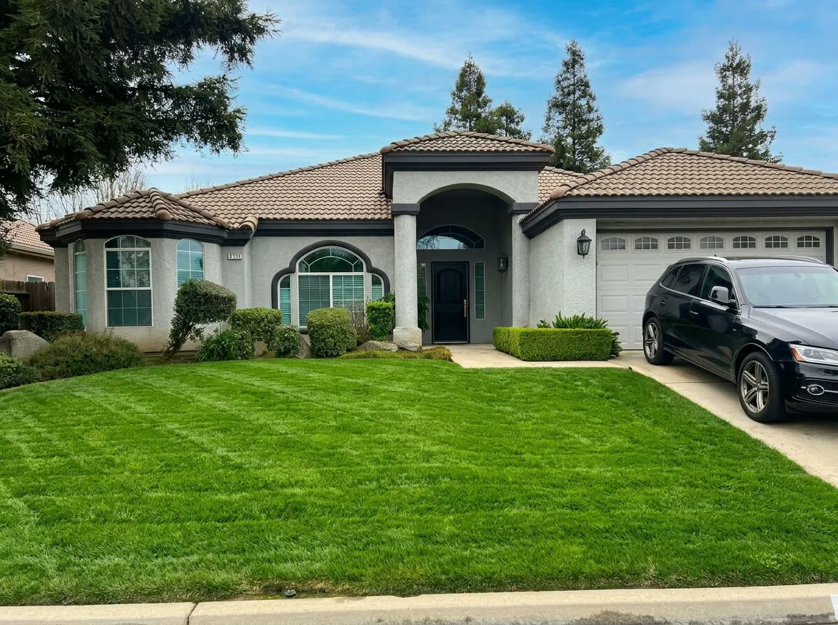 Freshly mowed front lawn after professional yard cleanup service