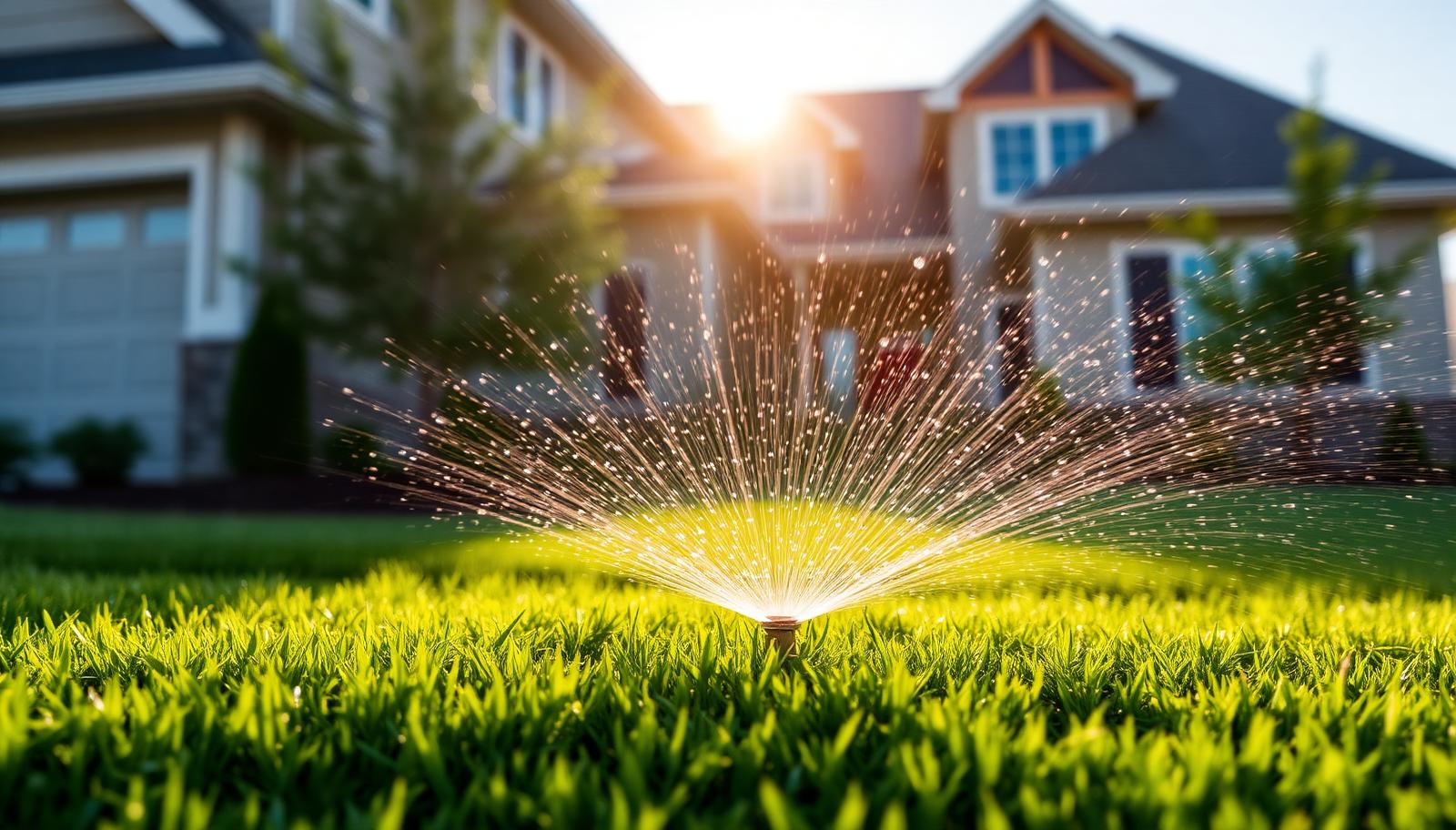 Sprinkler watering new sod in the early morning at a new Clovis home