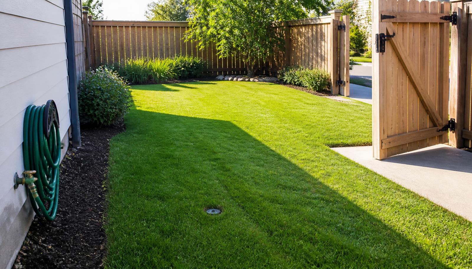 Backyard with an unlocked side gate and visible sprinkler head prepared for a lawn service crew