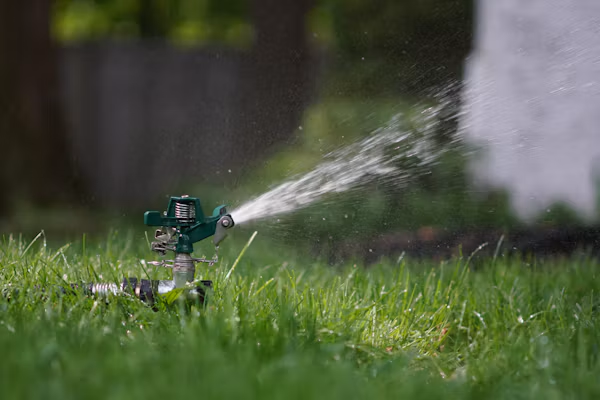 Broken sprinkler head leaking water and creating wet soil in a residential lawn