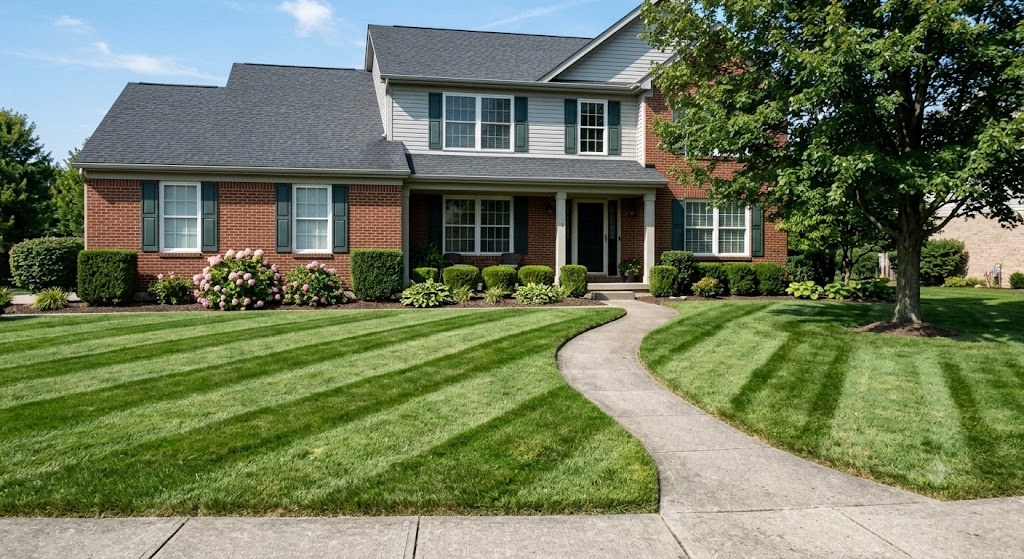 Freshly mowed Central Valley front lawn with crisp diagonal stripes