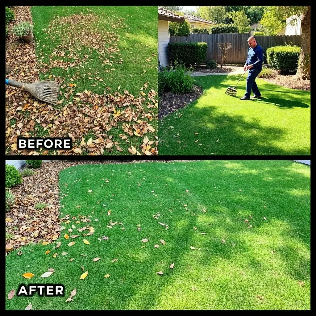 Before and after yard cleanup showing leaf removal from lawn in Central Valley