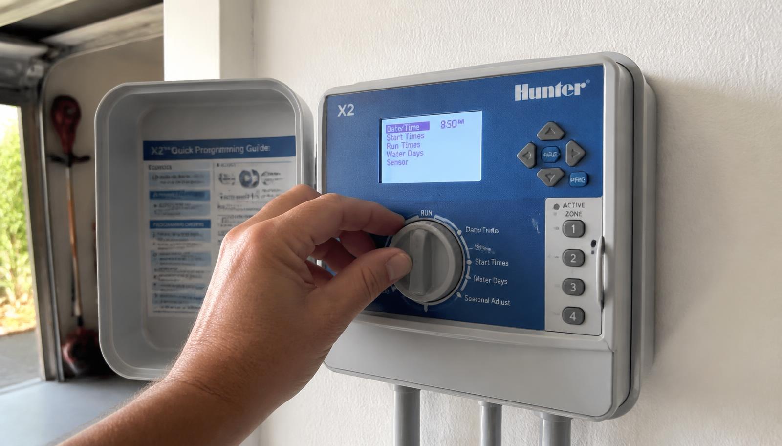Homeowner turning the seasonal adjust dial on a Hunter smart sprinkler controller in a Clovis garage