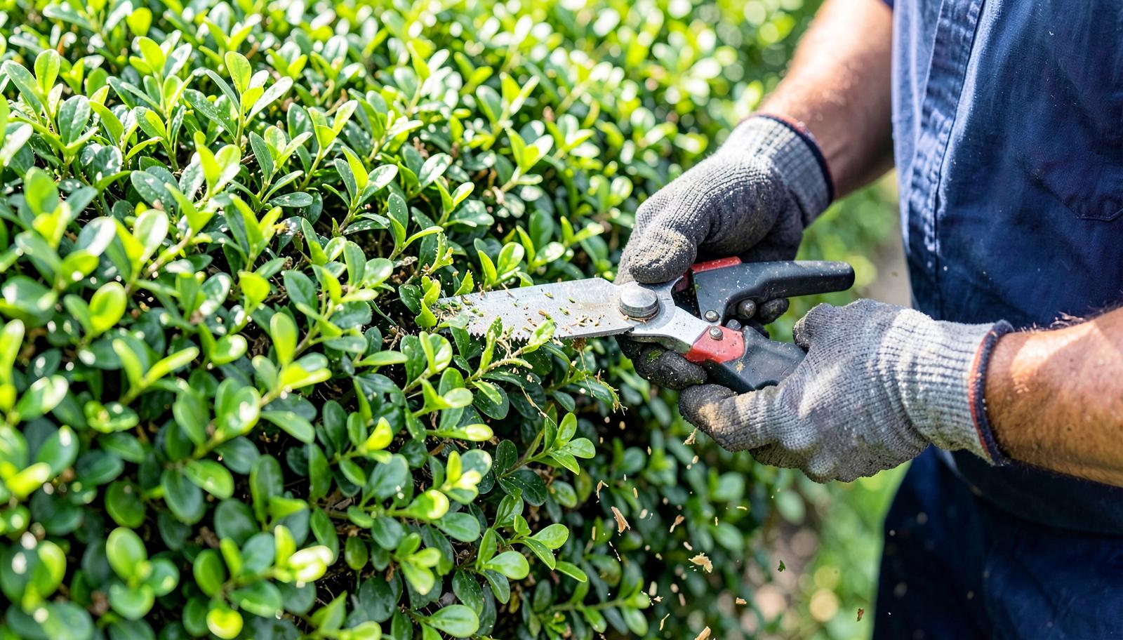 Landscaper shaping a green privet hedge with powered hedge shears