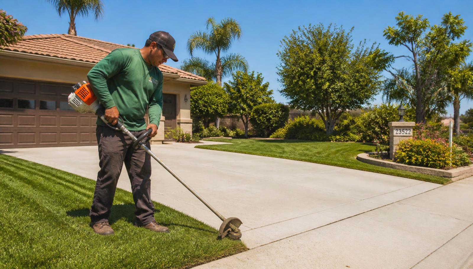 Lawn technician edging along a driveway during a scheduled lawn service visit in Fowler, CA