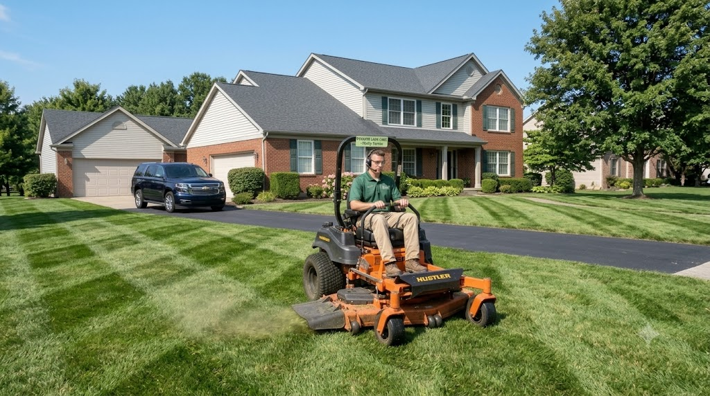 Zero-turn mower cutting a large residential lawn in the Central Valley