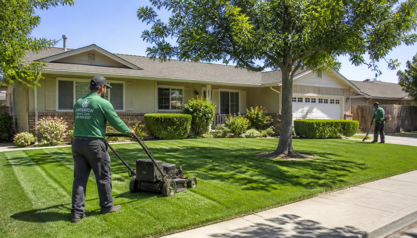 Lawn crew mowing a Fowler, CA front lawn during a same-week lawn service visit