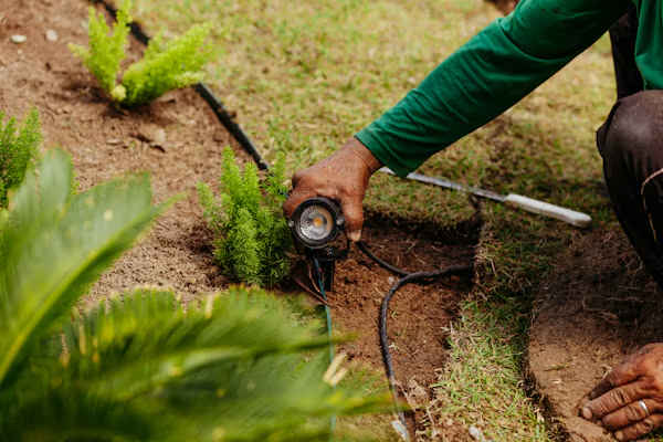 Technician inspecting an irrigation valve box to identify sprinkler system problems