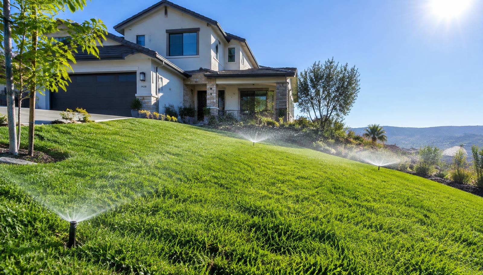 Sloped sunny Woodward Park lawn watered by matched-precipitation sprinkler rotors