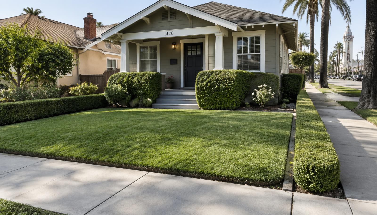 Tower District style Fresno front yard with crisp lawn edging and shaped hedges