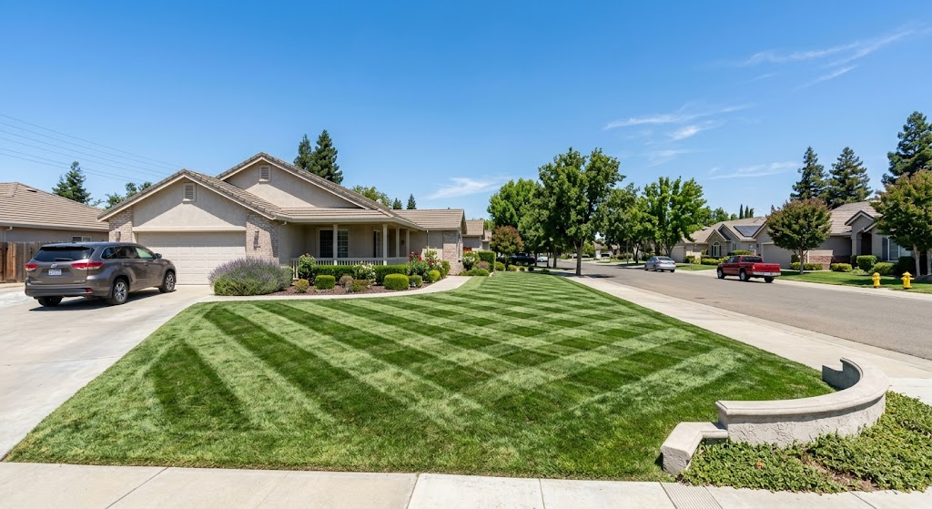 Manicured front lawn with diagonal mowing stripes on a sunny Central Valley street