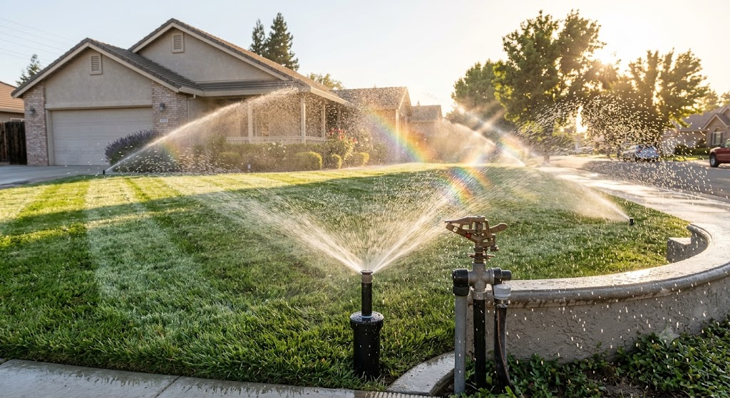 Sprinkler heads watering a green lawn at sunrise