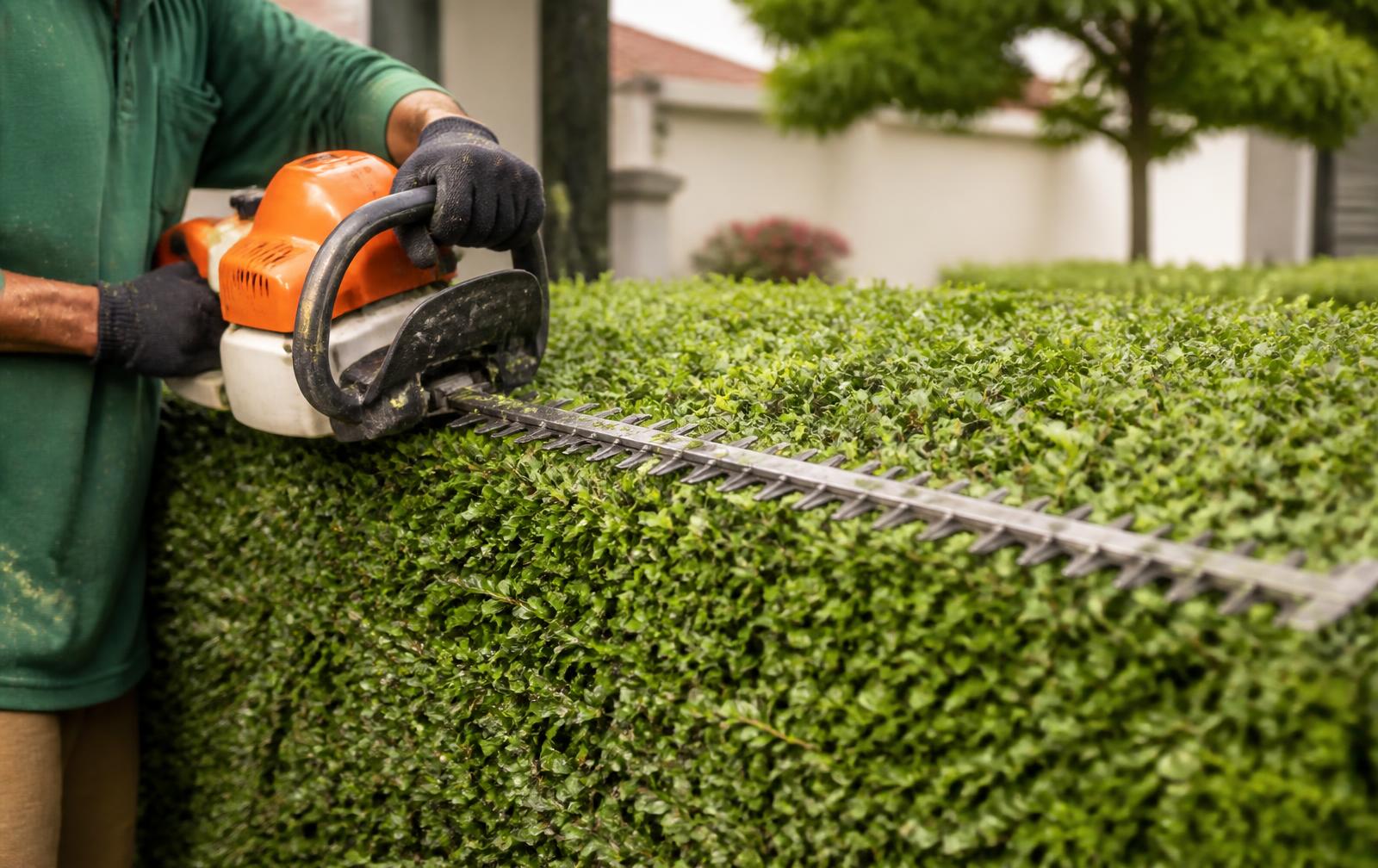 Professional hedge trimming in Central Valley using a hedge trimmer to maintain a dense, neatly shaped green hedge.