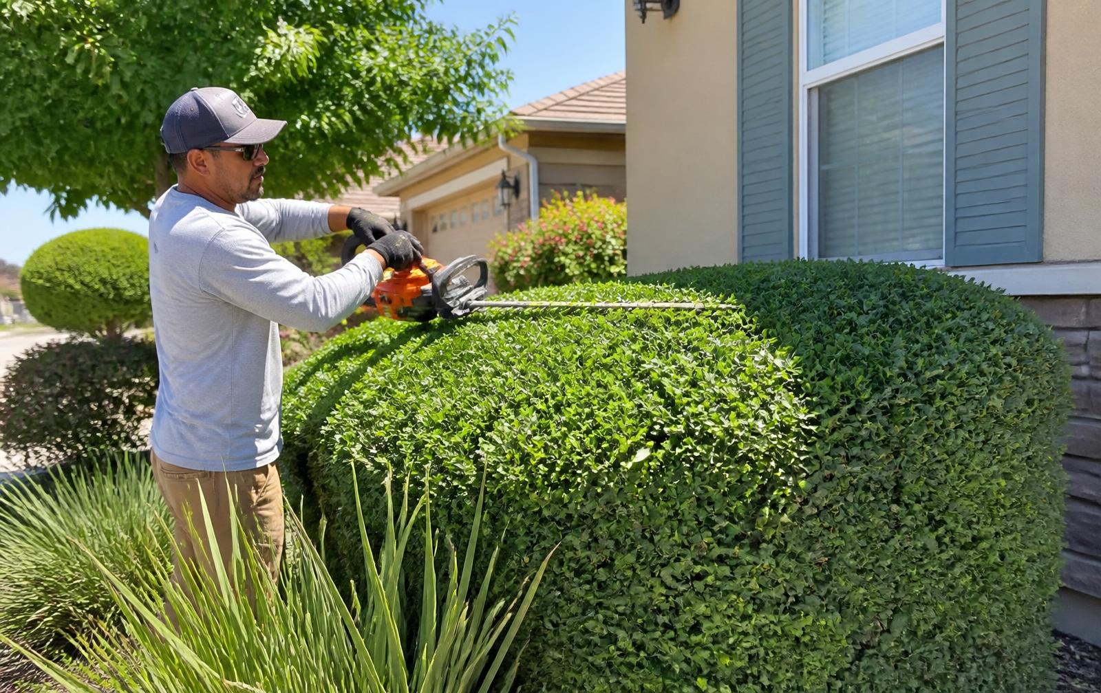 Professional shrub trimming in Central Valley with a landscaper shaping dense residential bushes.