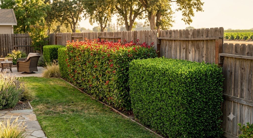 Neatly shaped photinia and ficus hedges along a backyard fence in the Selma